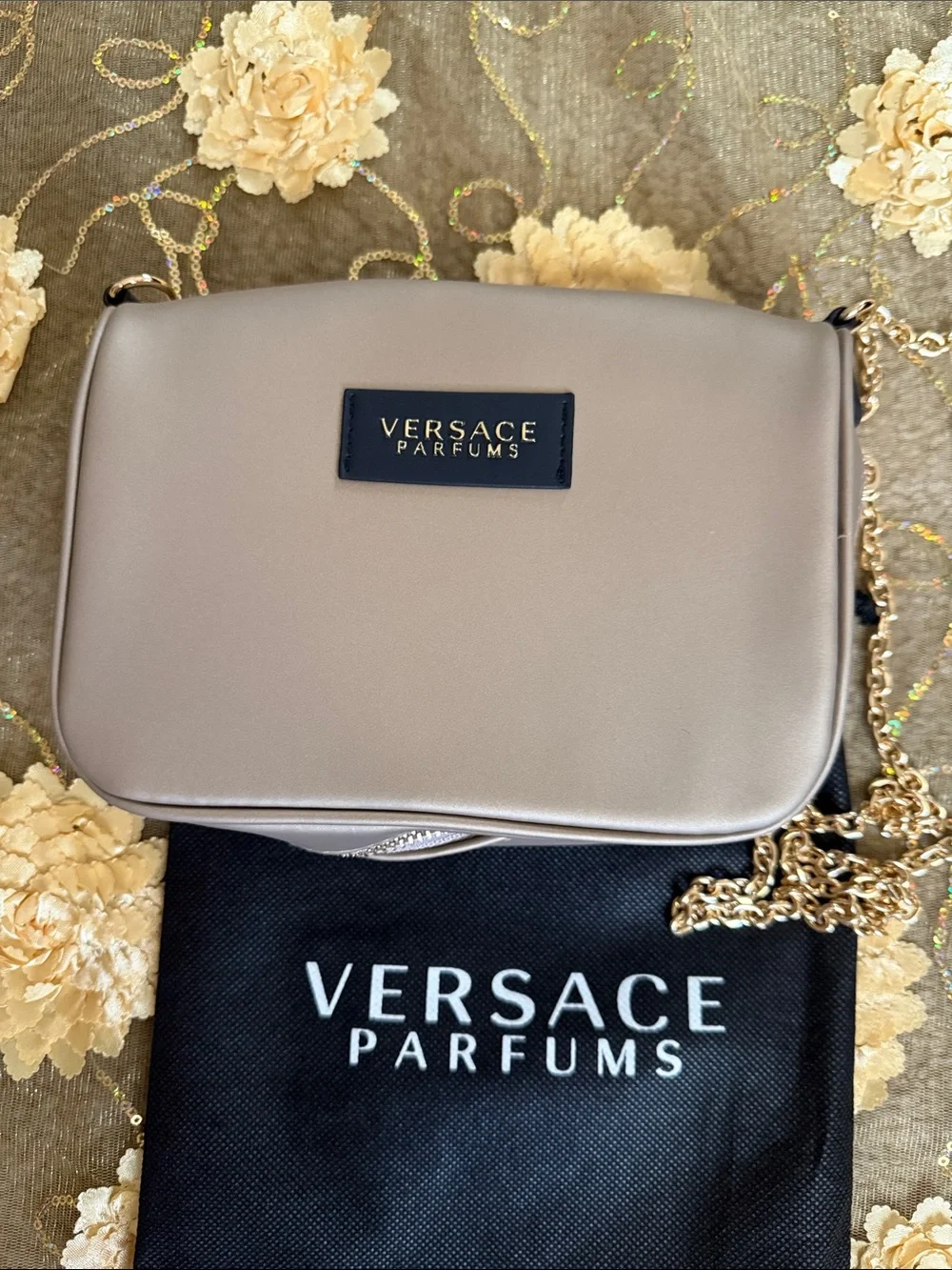 Versace Taupe Crossbody Bag with Gold Chain Strap